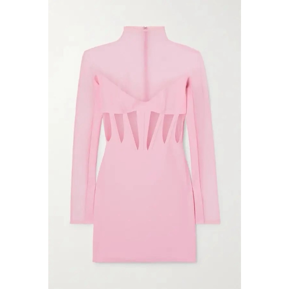 MUGLER Tulle-Paneled Stretch-Jersey Mini Dress Pink Women’s Size 40 US 8 Bodycon